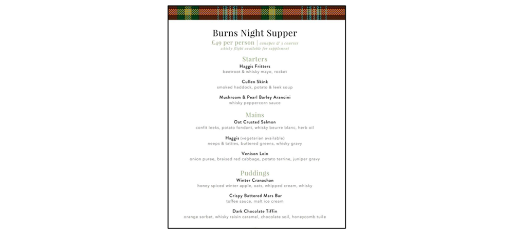 The Royal Oak Burns Night  menu