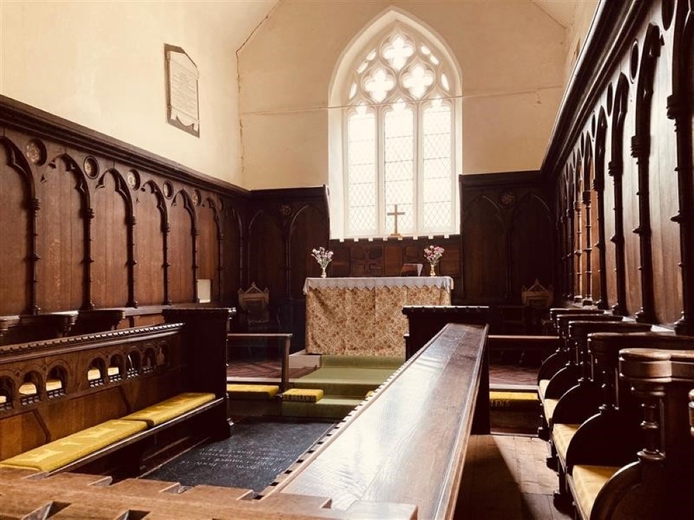 St Helen's Church, Little Eversden, choir stalls and altar