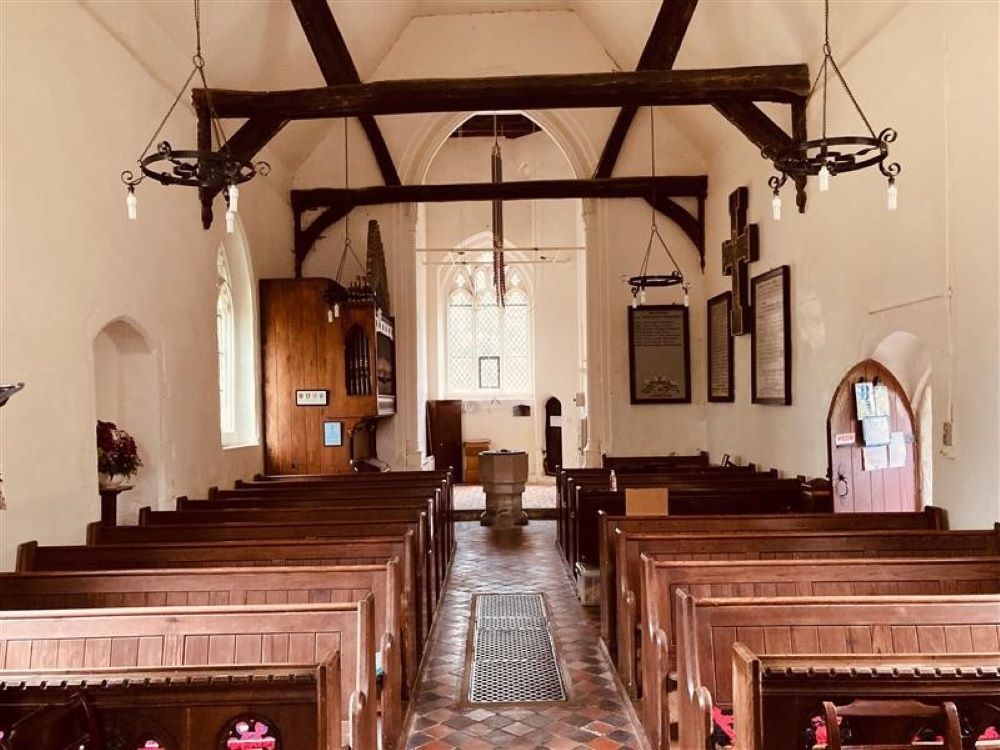 St Helen's Church, Little Eversden, pews and font