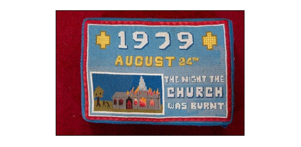 St Mary Magdalene Church, Ickleton, kneeler depicting 1979 fire