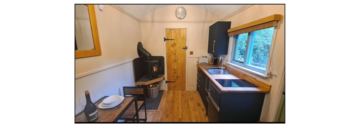 Fenland Retreats at Willow Grange Farm - kitchen and fire